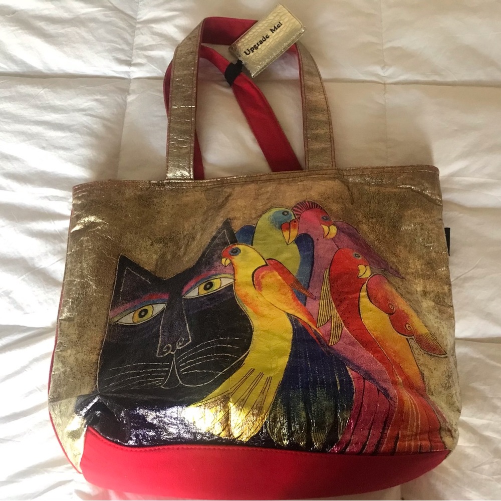 Laurel Burch Gold and Red Whimsical Cat and Parrot Print Tote Bag - Picture 2 of 6